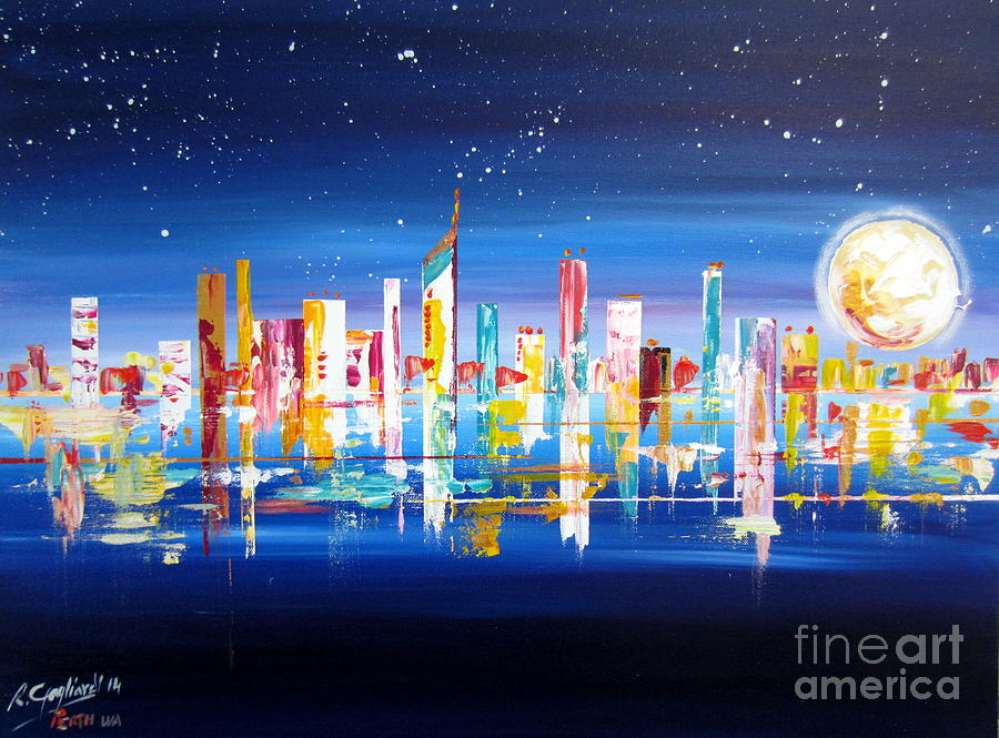 Perth City Sky Line Under The Moon Painting by Roberto Gagliardi