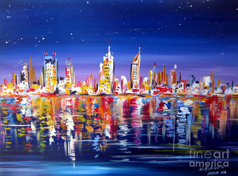 Perth City Skyline by night by the Swan River  Western Australia Painting by Roberto Gagliardi