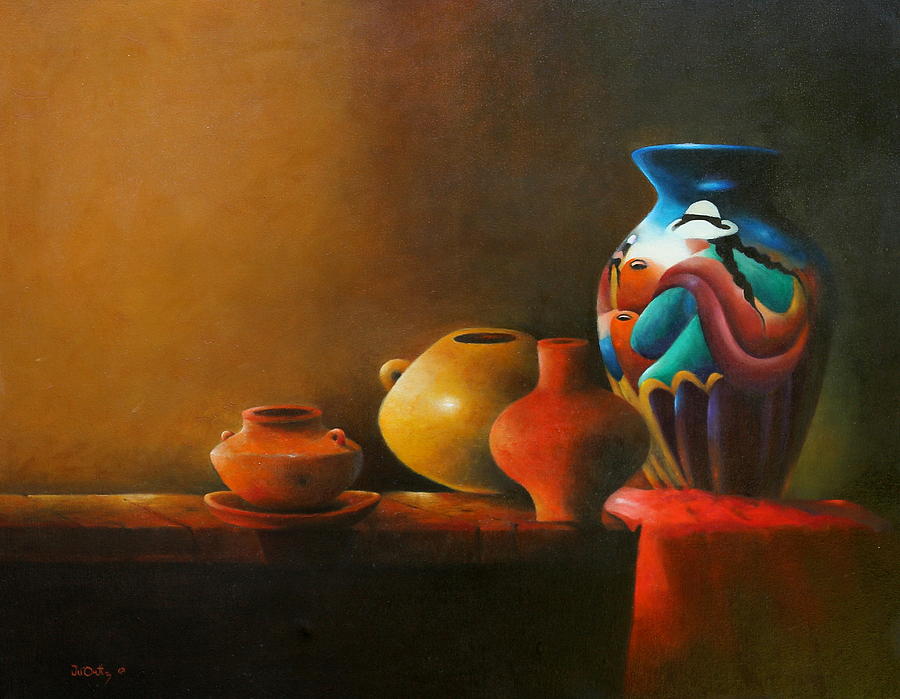 Still Life Painting - Peruvian hand painted jar clay by Julio Ortiz