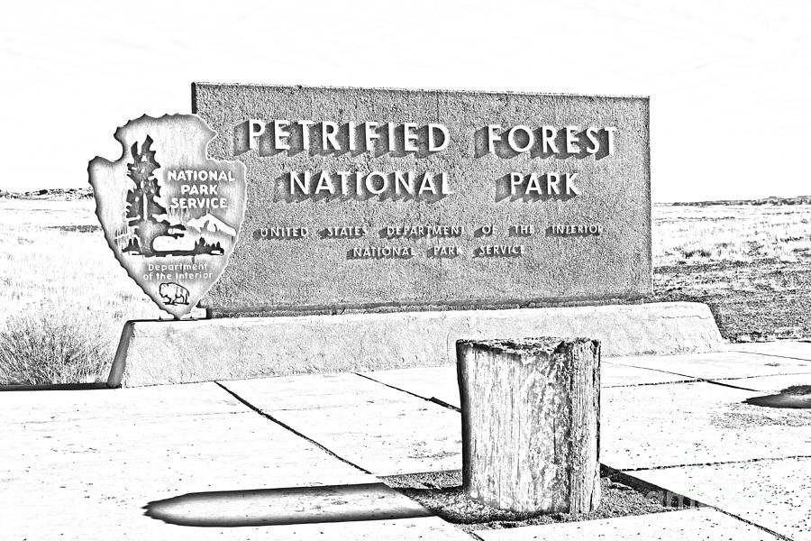 Petrified Forest National Park Digital Art - Petrified Forest National Park Entrance Sign Black and White Line Art by Shawn OBrien