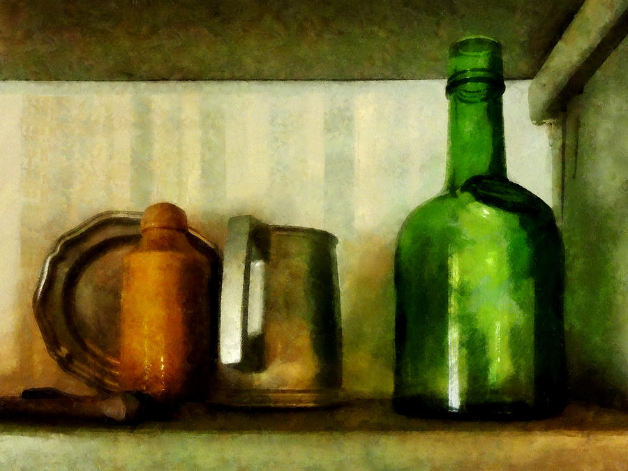 Pewter Mug and Green Bottle Photograph by Susan Savad
