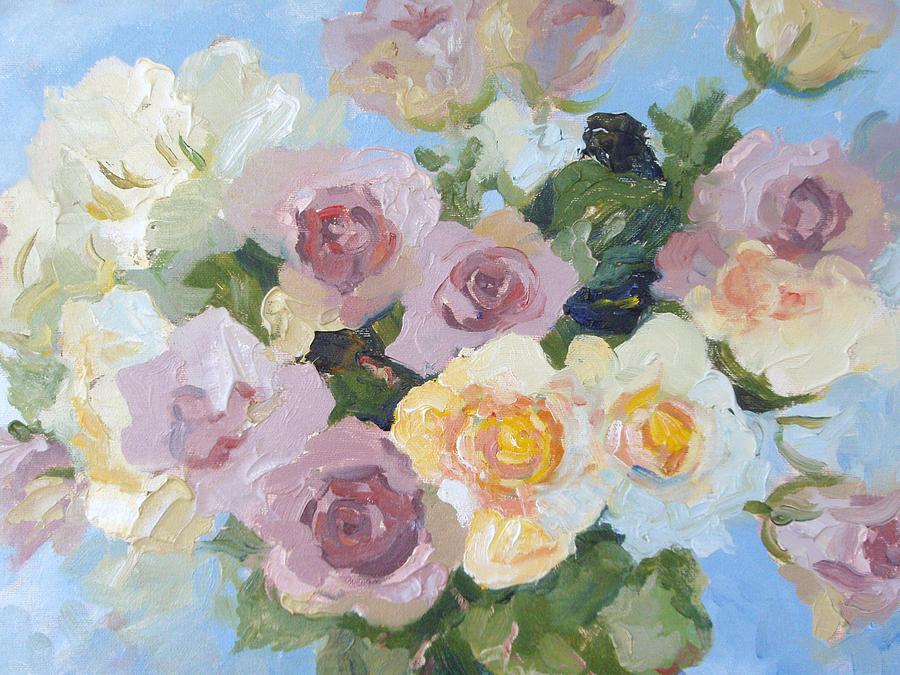 Pewter Pink and Yellow Roses.  A close-up study. Painting by Elinor Fletcher