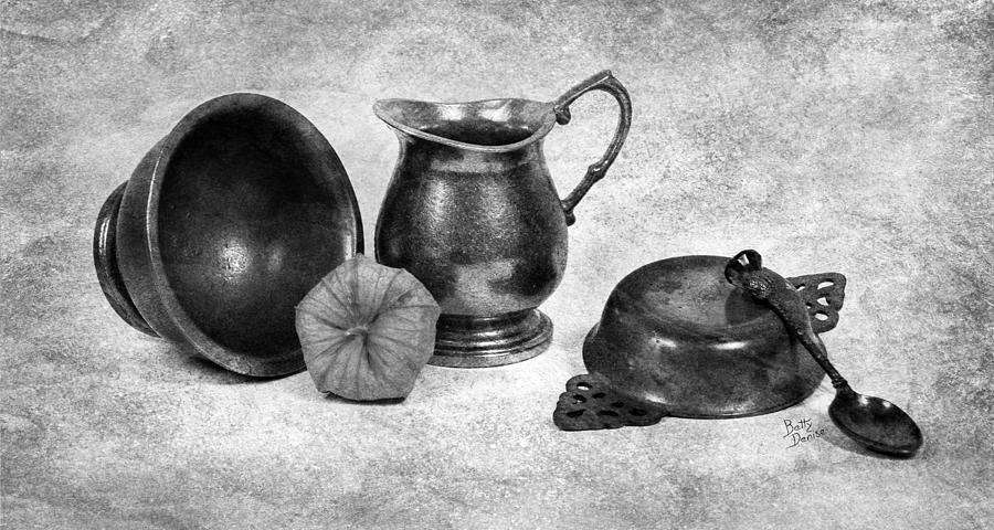 Vintage Photograph - Pewter Still Life in Black and White by Betty Denise