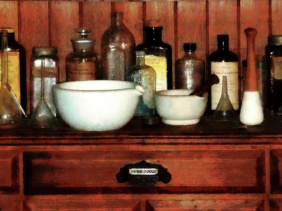Pharmacist - Cabinet With Mortar and Pestles Photograph by Susan Savad