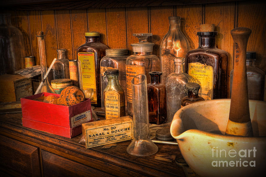 Pharmacist -  Mortar And Pestle With Apothecary Bottles III Photograph by Lee Dos Santos
