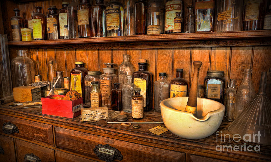 Pharmacist -  Mortar And Pestle With Apothecary Bottles V Photograph by Lee Dos Santos