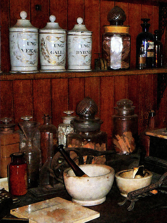 Bottle Photograph - Pharmacist - Mortar and Pestles in Drug Store by Susan Savad
