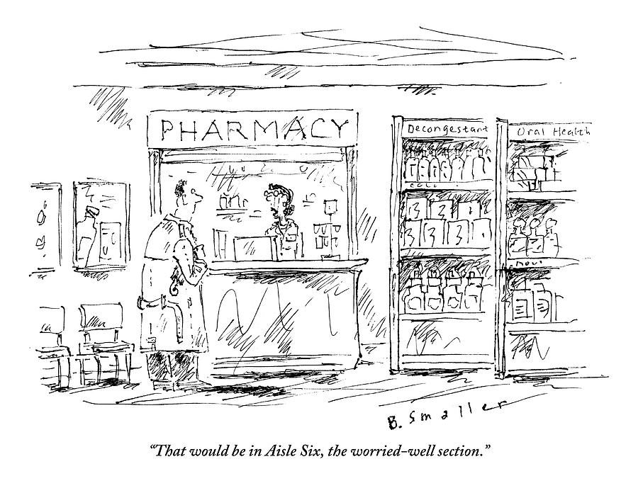 Shopping Drawing - Pharmacy Helps Worrywart With Cat by Barbara Smaller