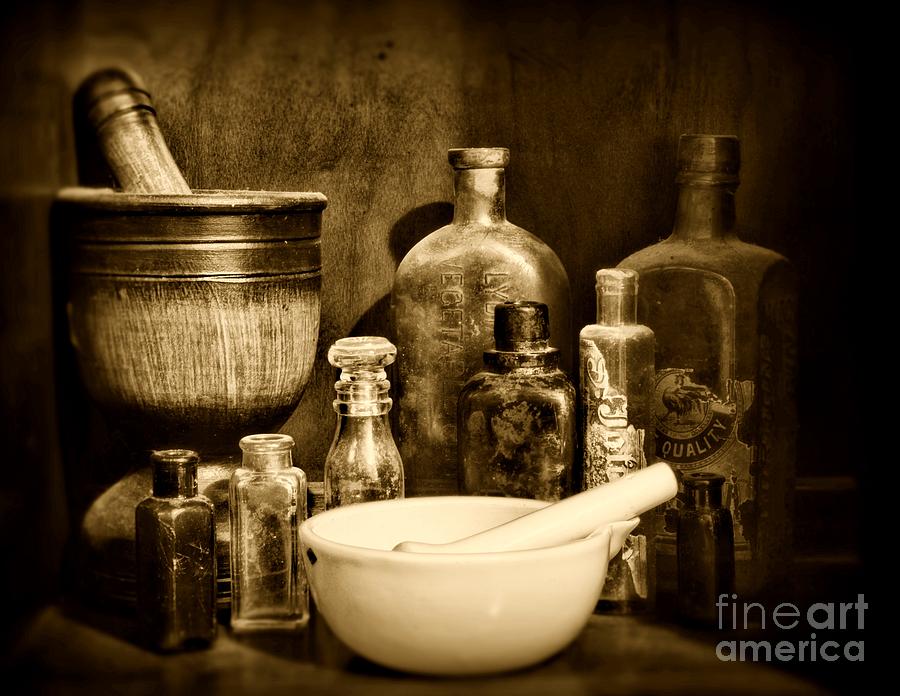 Pharmacy - Tools of the Pharmacist - black and white Photograph by Paul Ward