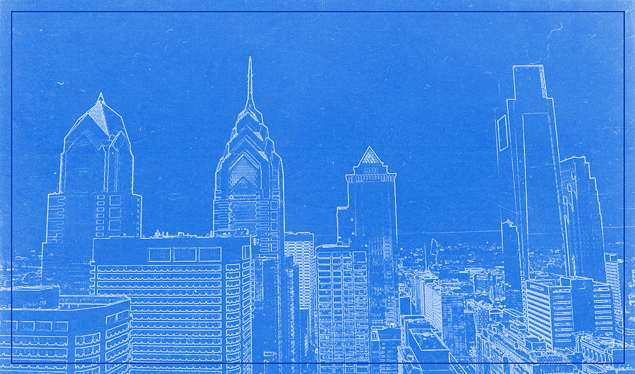 Philadelphia Towers City Skyline Blueprint Drawing by Celestial Images