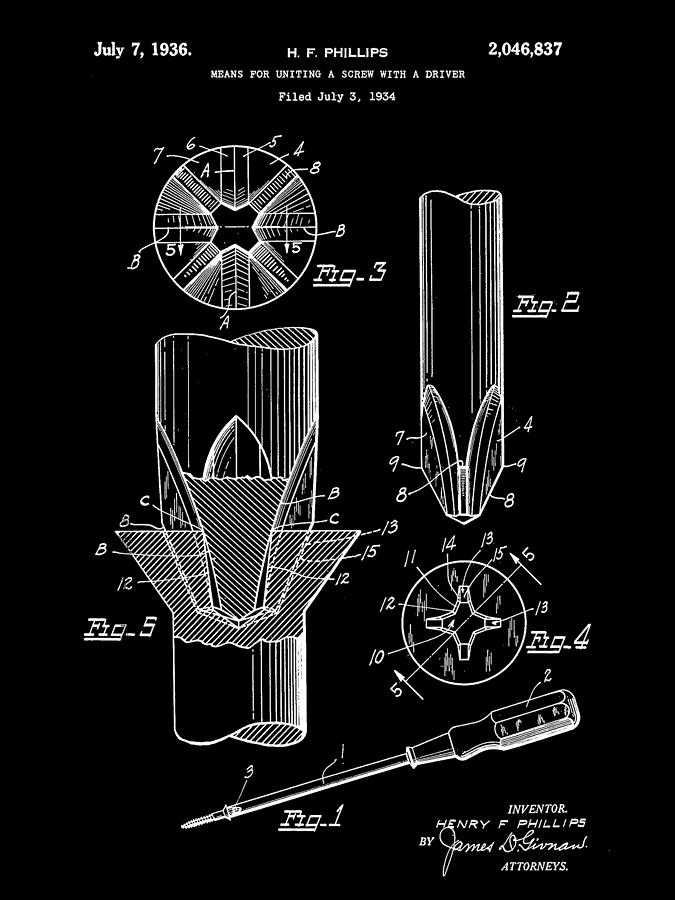 Phillips Screwdriver Patent 1934 - Black Digital Art by Stephen Younts