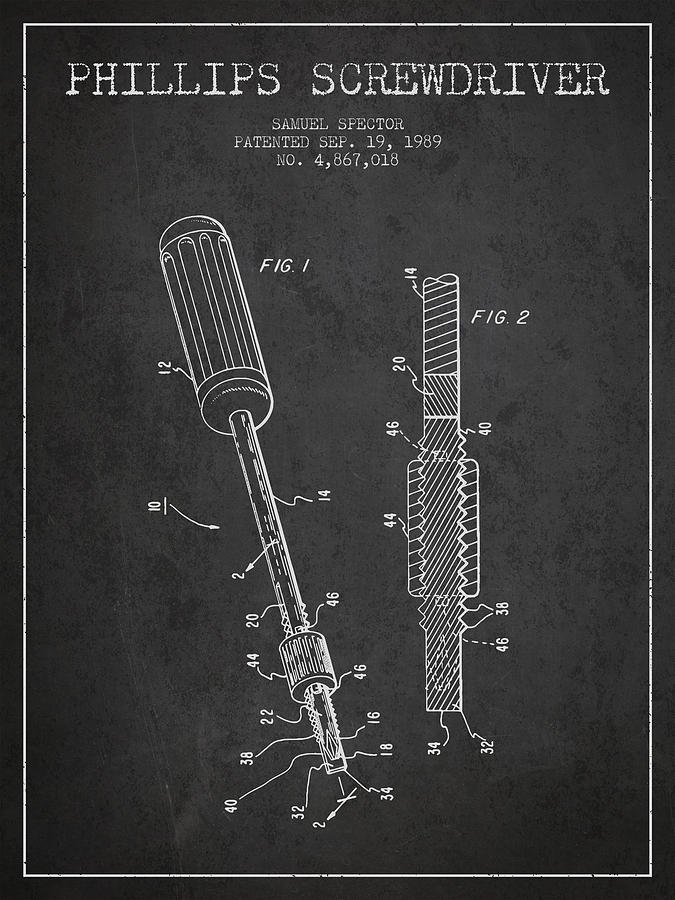 Tool Digital Art - Phillips Screwdriver patent from 1989 - Dark by Aged Pixel