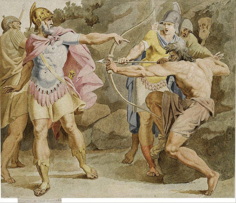 Philoctetes aiming the bow of Hercules at Odysseus Painting by Asmus Jacob Carstens