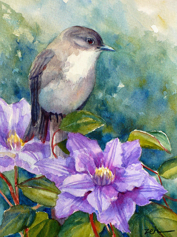 Phoebe and Clematis Painting by Janet Zeh