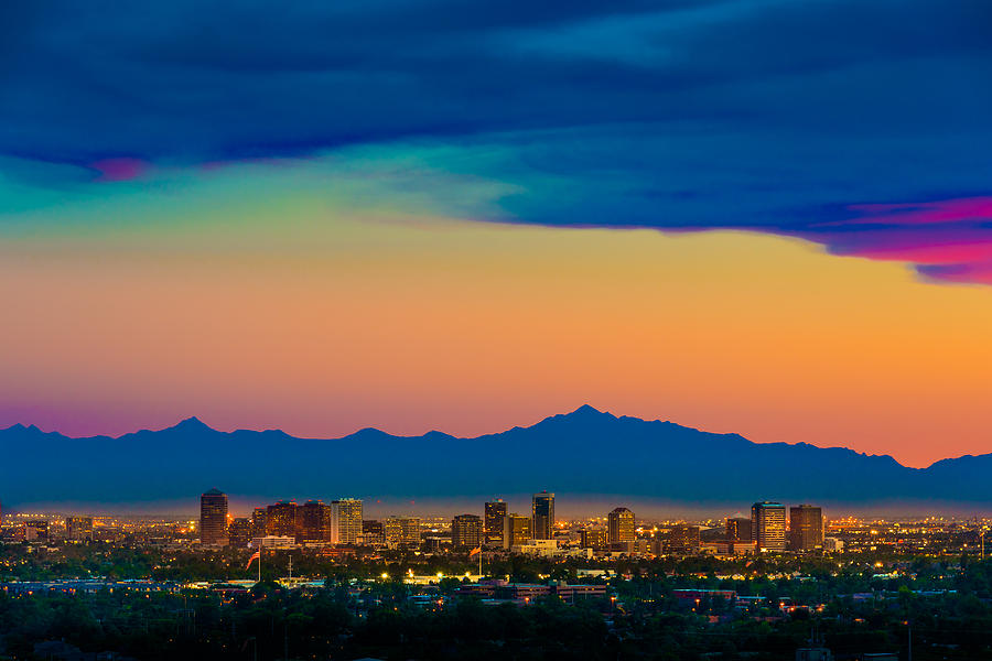 Phoenix Arizona skyline panorama cityscape sunset, aerial from Scottsdale Photograph by Dszc