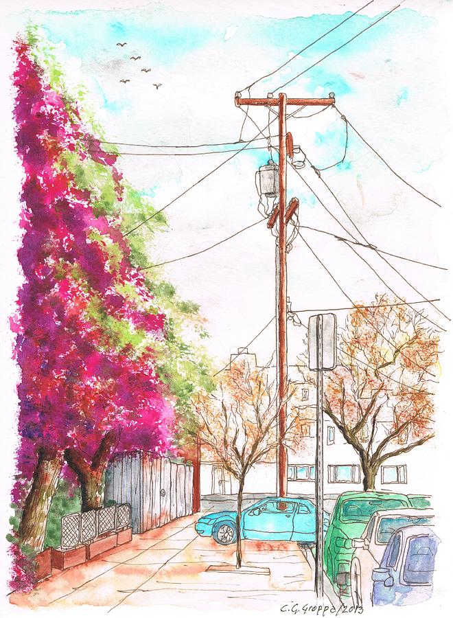 Phone pole and bougainvilleas in Hollywood, California Painting by Carlos G Groppa