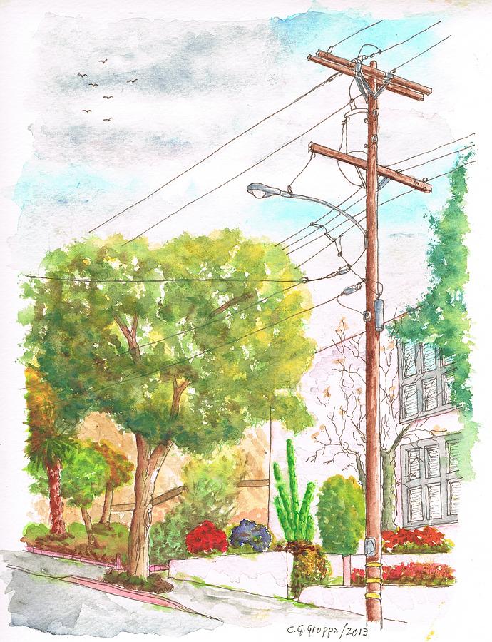 Phone pole and tree in Larrabee Street - West Hollywood - California Painting by Carlos G Groppa