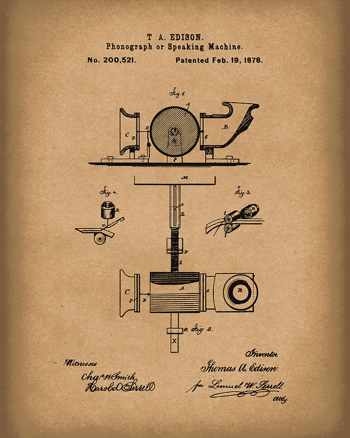 Phonograph 1878 Patent Art Brown Drawing by Prior Art Design