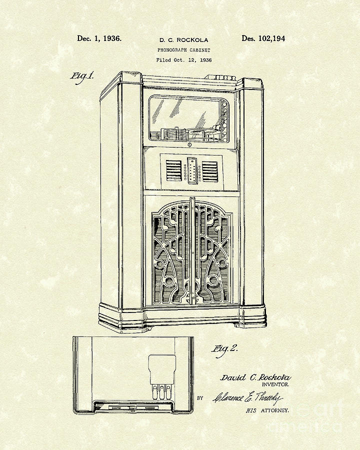 Rockola Drawing - Phonograph Cabinet 1936 Patent Art by Prior Art Design