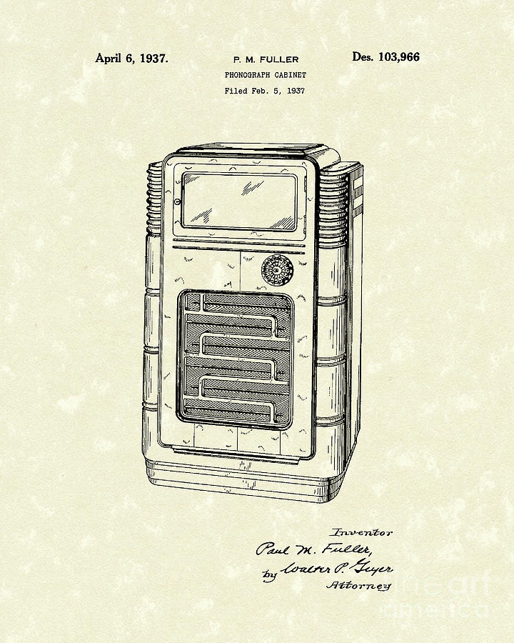 Phonograph Cabinet 1937 Patent Art Drawing by Prior Art Design