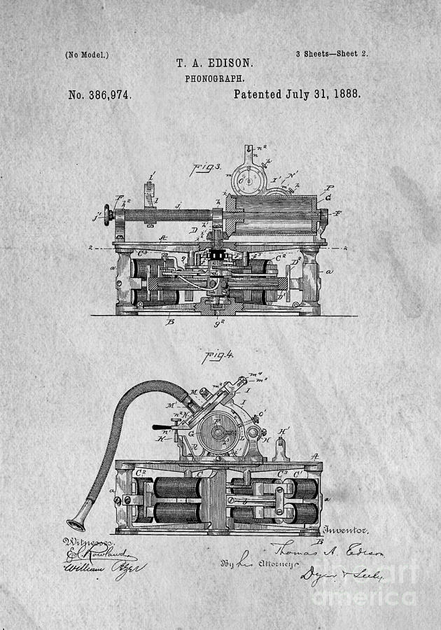 Phonograph Patent 1888 Thomas Edison Digital Art by Edward Fielding