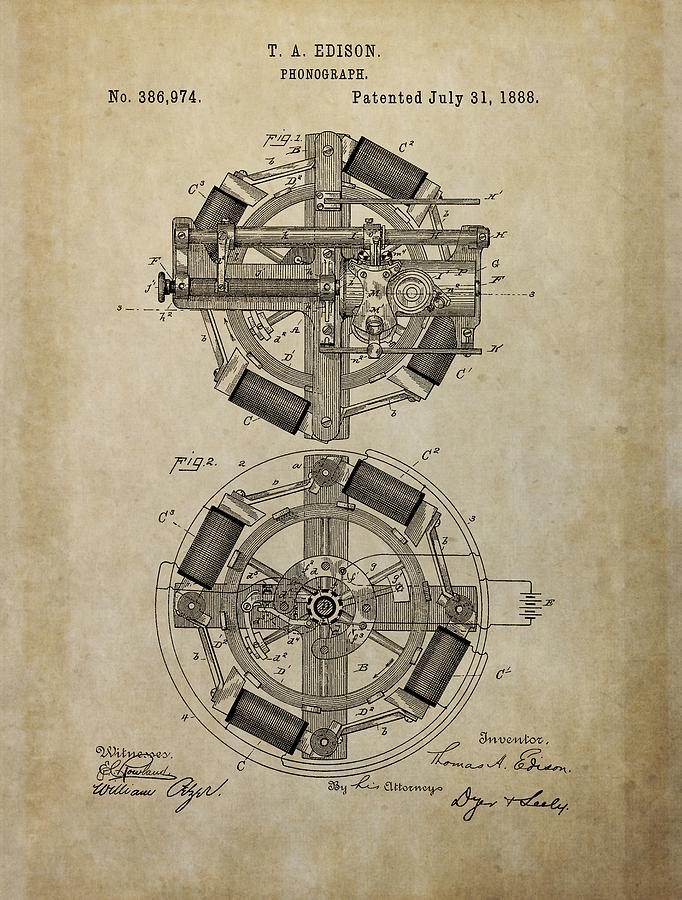 Phonograph Patent Drawing Mixed Media by Dan Sproul