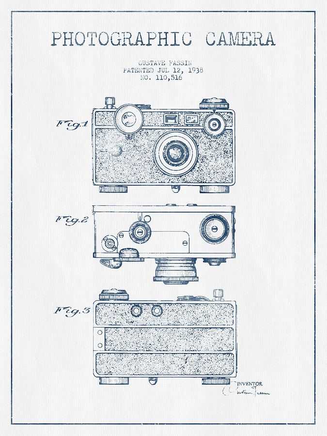 Vintage Digital Art - Photographic Camera Patent Drawing from 1938- Blue Ink by Aged Pixel