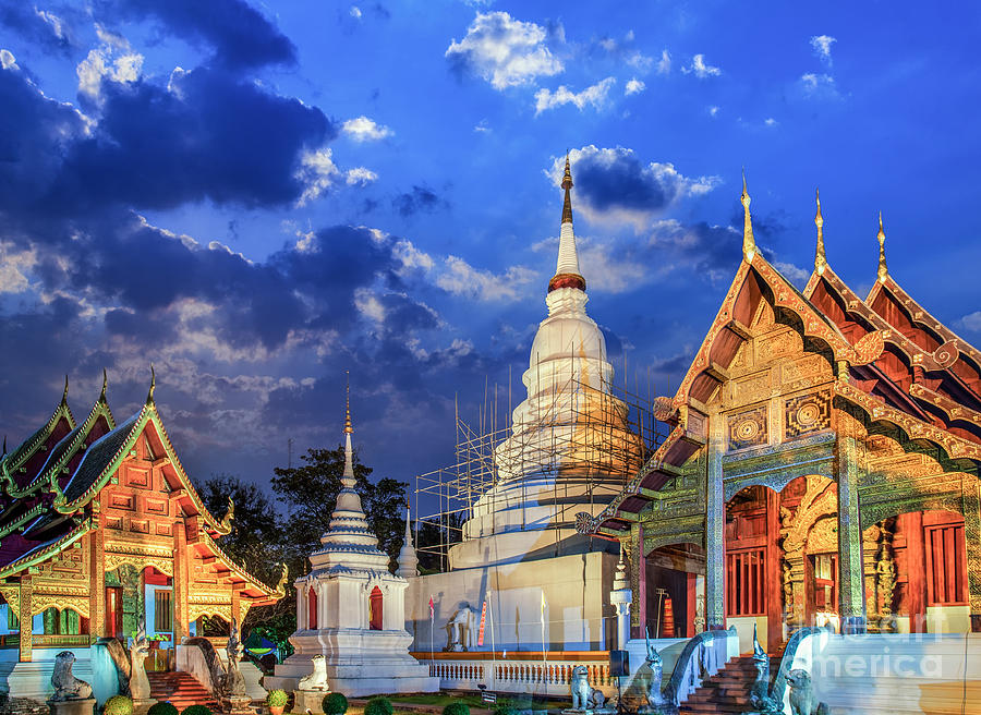 Architecture Photograph - Phra Singh temple twilight time Viharn Lai Kam Wat Phra Singh by Anek Suwannaphoom