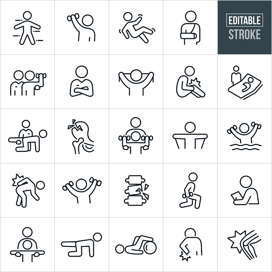 Physical Therapy Thin Line Icons - Editable Stroke Drawing by Appleuzr