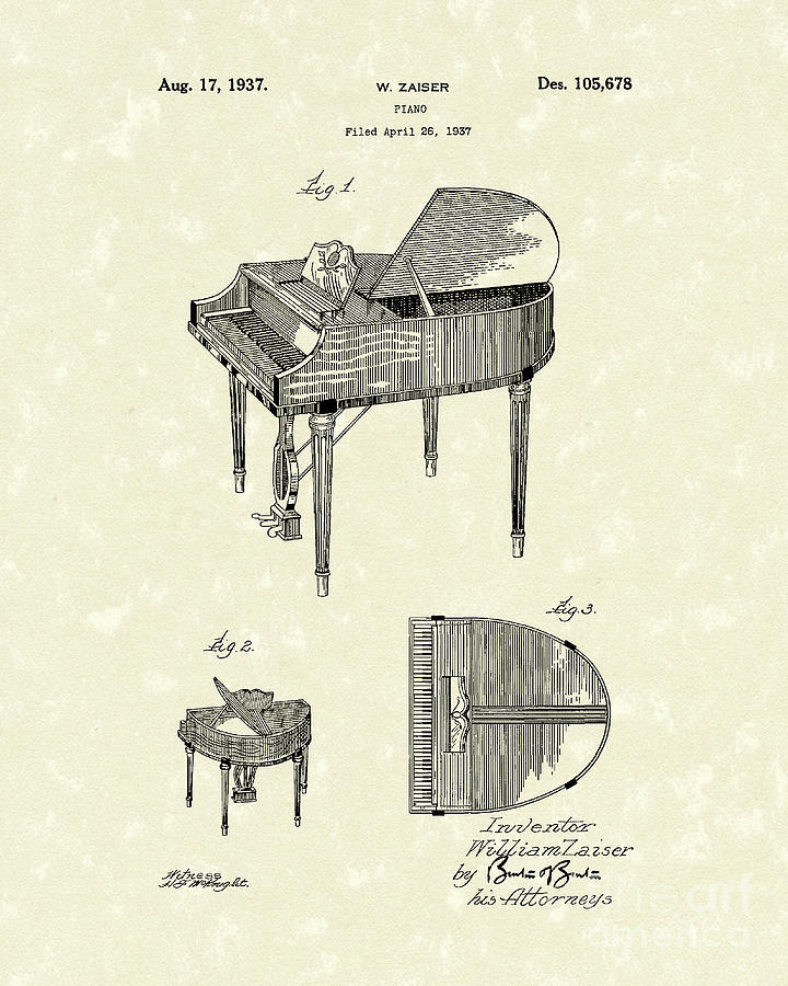 Musical Instrument Drawing - Piano 1937 Patent Art by Prior Art Design