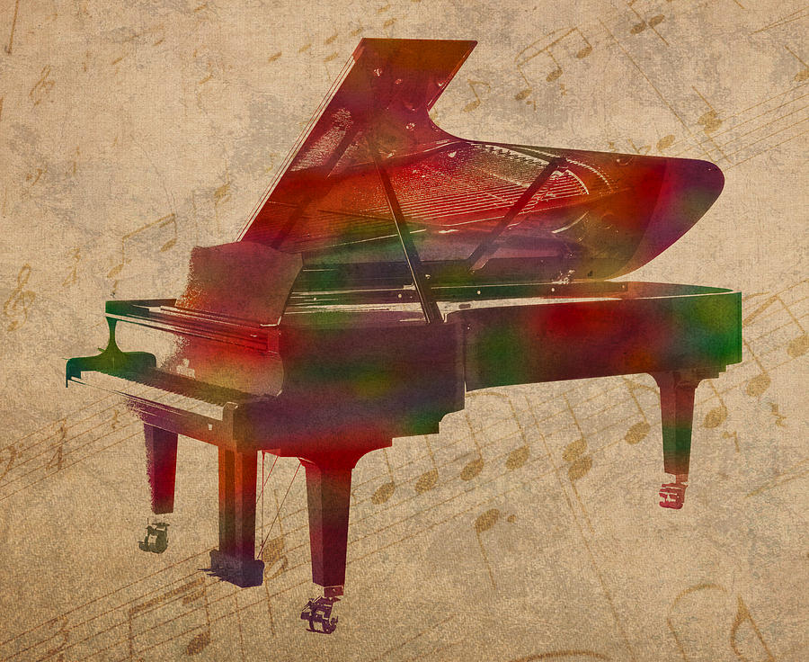 Music Mixed Media - Piano Instrument Watercolor Portrait With Sheet Music Background On Worn Canvas by Design Turnpike
