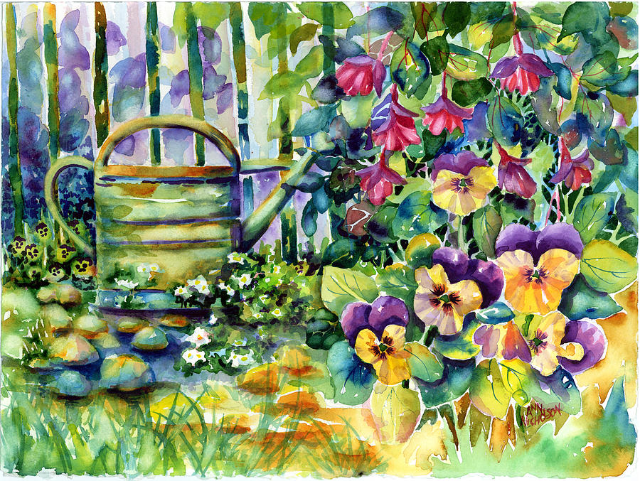 Picket Fence Pansies Painting by Ann  Nicholson