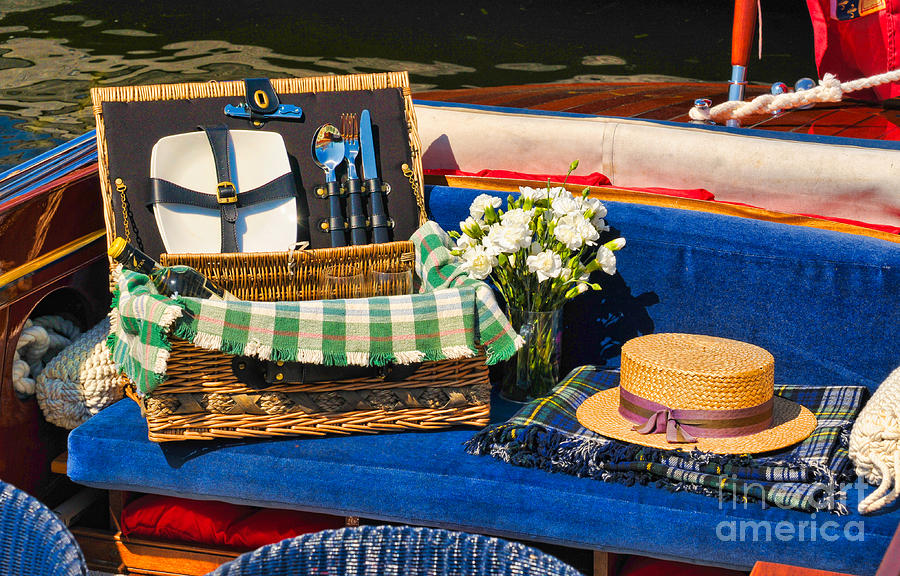 Picnic Basket On A Wooden Boat Photograph