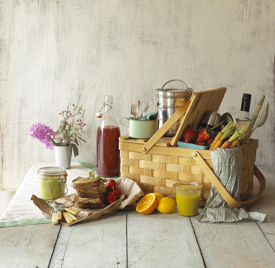 Picnic Basket with Food and Flowers Photograph by Annabelle Breakey