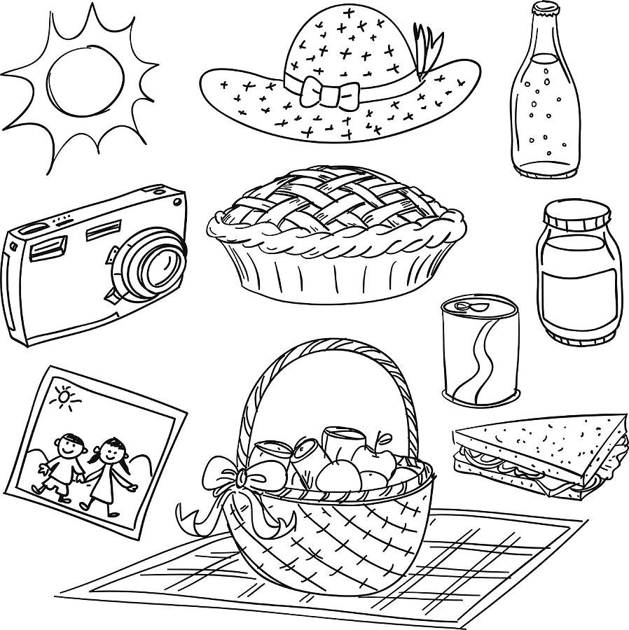 Picnic elements illustration in black and white Drawing by LokFung