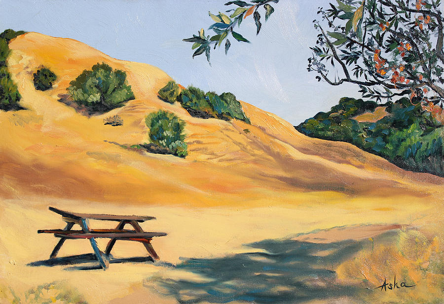 Picnic Table and Yellow Hills at Briones Park Painting by Asha Carolyn Young