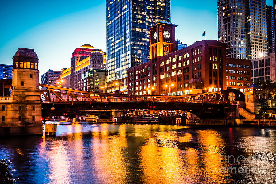 Picture of Chicago at Night with Clark Street Bridge Photograph by Paul Velgos