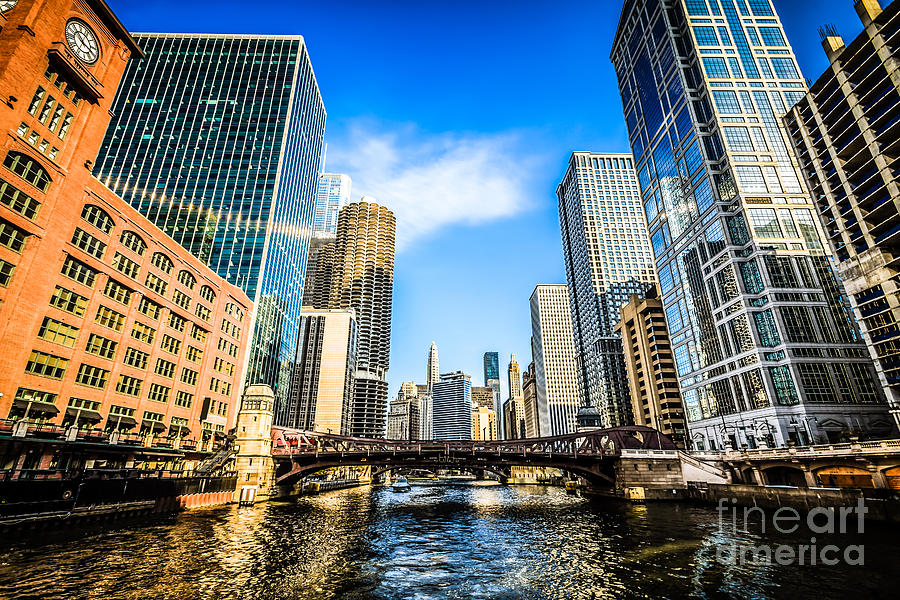 Picture Of Chicago River Skyline At Clark Street Bridge Photograph