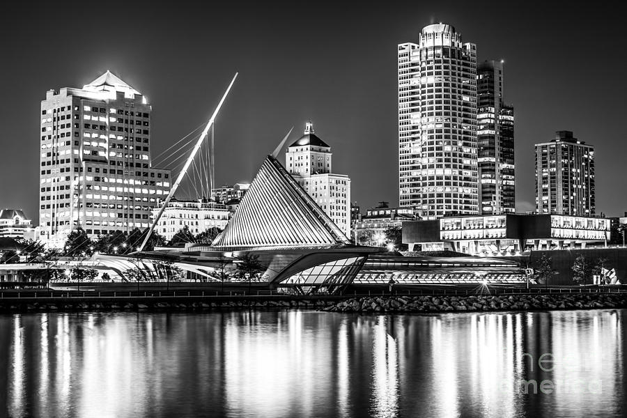 Picture of Milwaukee Skyline at Night in Black and White Photograph by Paul Velgos