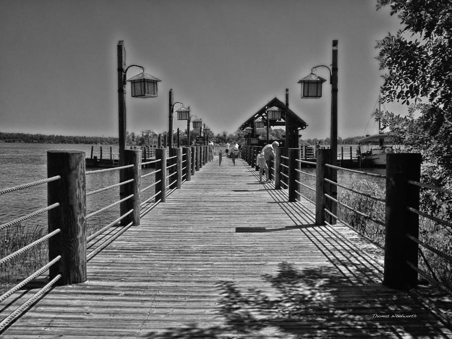 Black And White Photograph - Pier At Fort Wilderness in Black and White Walt Disney World by Thomas Woolworth