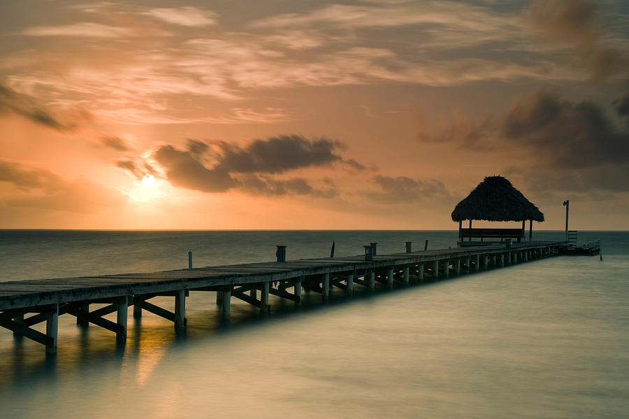 Nature Photograph - Pier With Palapa At Sunrise, Ambergris by Panoramic Images