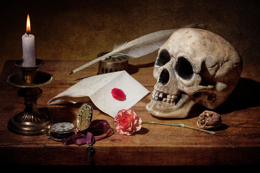 Vanitas with Skull-Writting Utensils-Watch and Anemone Photograph by Levin Rodriguez