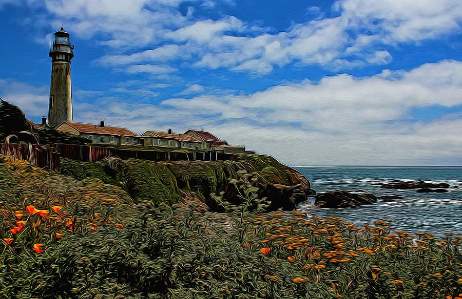 Poppy Photograph - Pigeon Point Lighthouse Painted by Judy Vincent