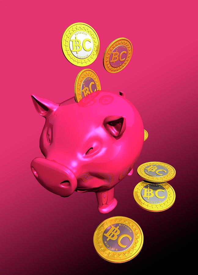 Coin Photograph - Piggy Bank And Bitcoins by Victor Habbick Visions