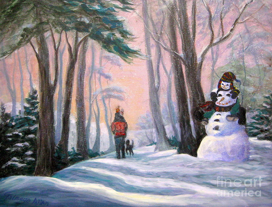 Piggyback Ride In Snow - 1 Painting by Gretchen Talmage Allen