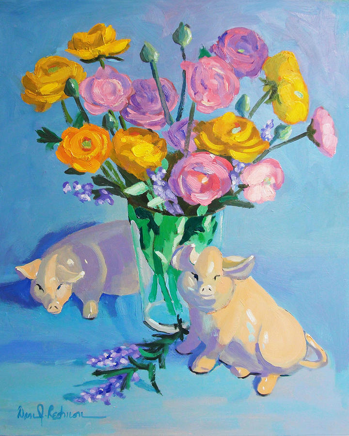 Pig Painting - Pigs at the Flower Market by Dan Redmon