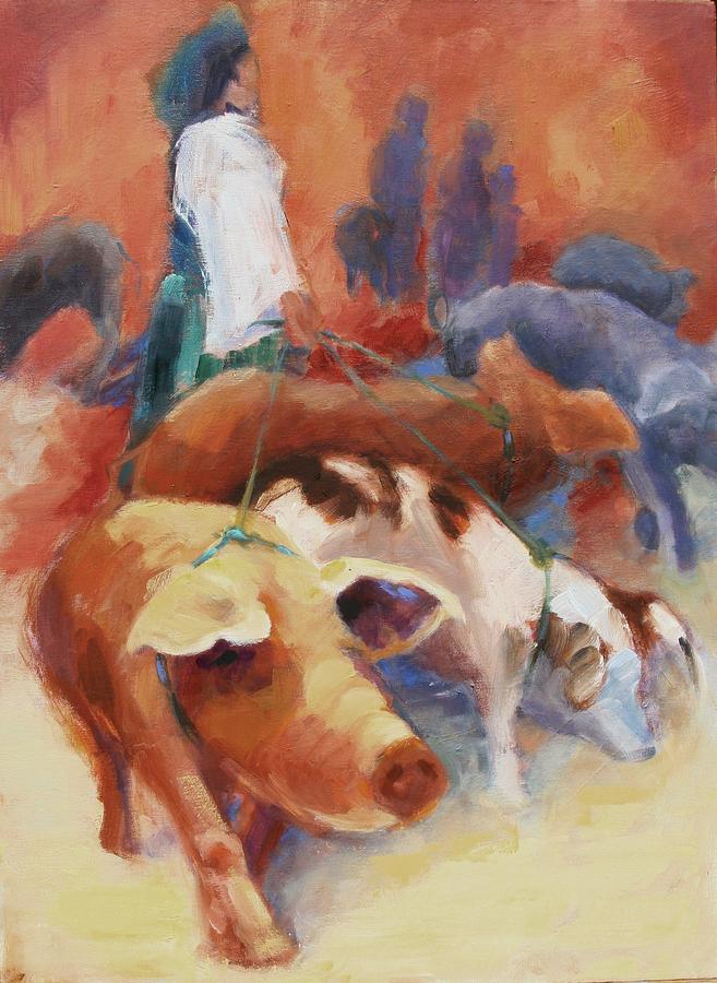 Animal Painting - Pigs on a Leash by Pamela Rubinstein