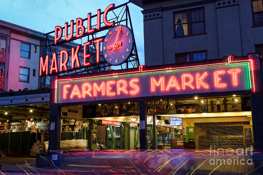 Seattle Photograph - Pike Place Market at Dusk - Seattle Washington by Silvio Ligutti