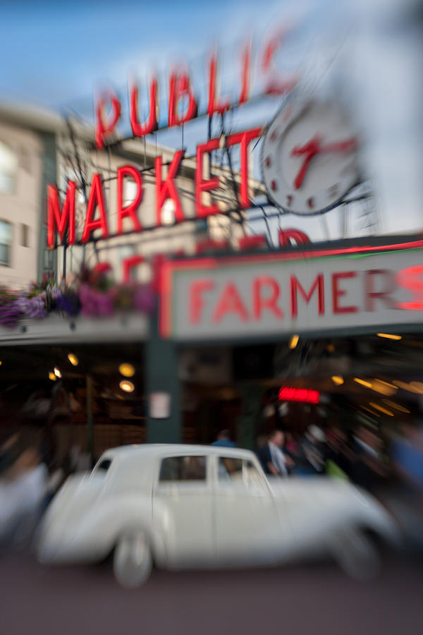 Spring Photograph - Pike Place Publice Market Neon Sign and Limo by Scott Campbell