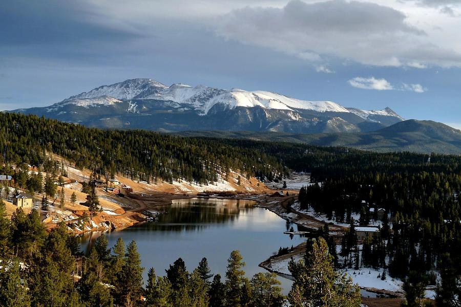 Pikes Peak and Burgess Lake in autumn Photograph by Marilyn Burton